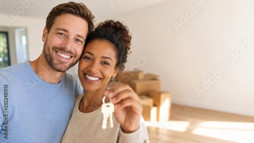Happy diverse couple holding keys in new empty apartment with moving boxes