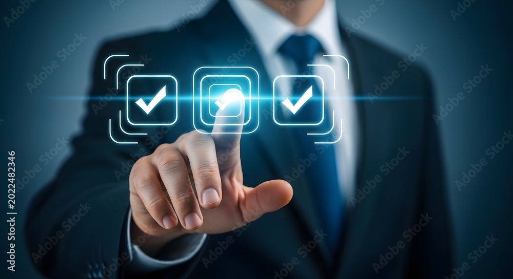 Fototapeta premium Businessman marking checklist with loading progress bar project management and task completion