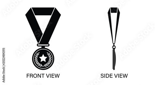 Foto black silhouette of a medal with ribbon front and side view isolated on white ba