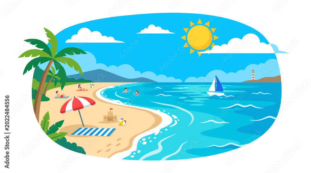 Obraz premium Vibrant Tropical Beach Scene with Palm Trees, Ocean Waves, and People Enjoying Sun