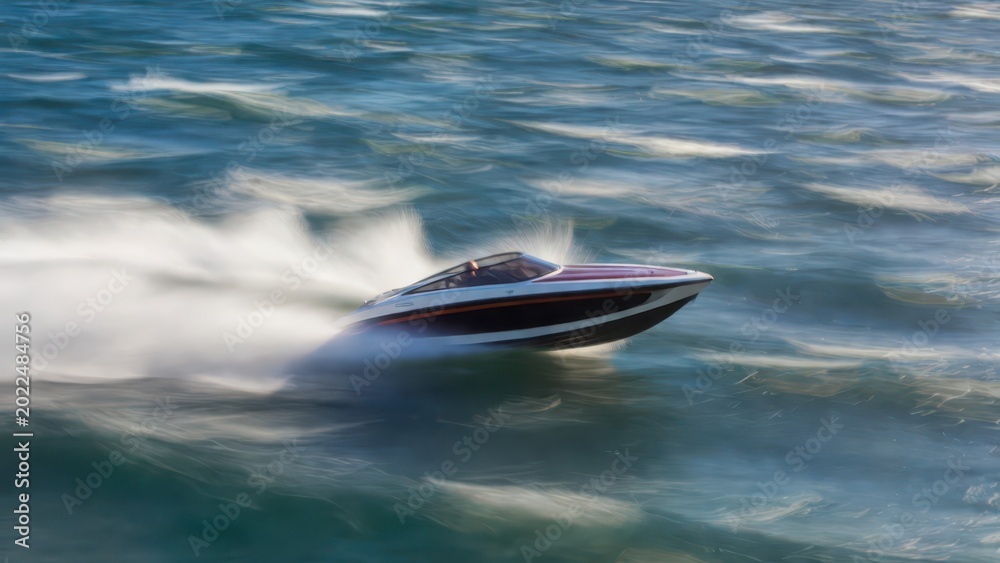 Fototapeta premium Speedboat racing across choppy blue water, creating a dramatic spray and motion blur effect