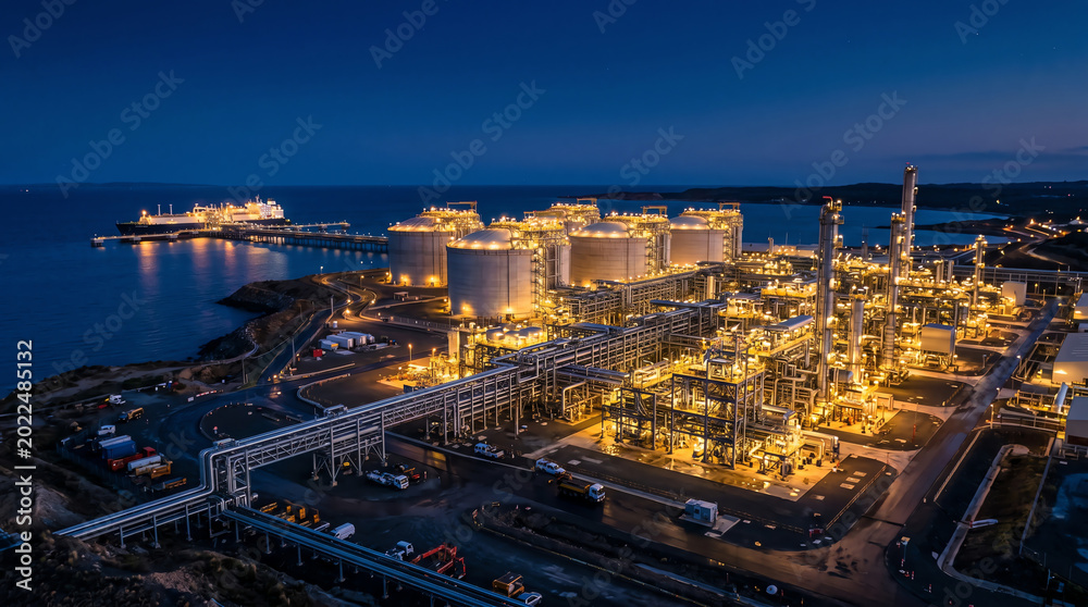 Obraz premium Large LNG export terminal with cryogenic storage tanks intricate pipework and warm yellow lights against deep blue twilight sky