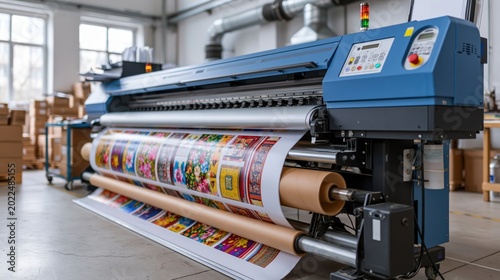 Large format printer in a production studio rolling out colorful printed material