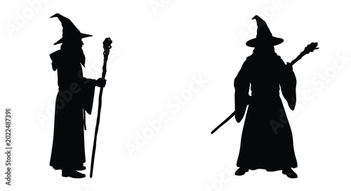 Bild auf Leinwand two wizards with staffs and pointed hats in black silhouette