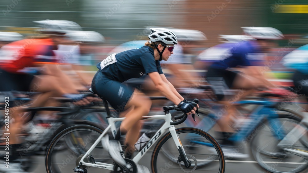 Fototapeta premium Cyclist in motion blur, racing with determination, speed and athletic focus on road
