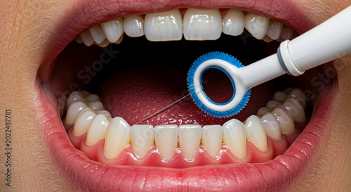 Teeth cleaning is performed by a person using a specialized interdental brush to maintain oral hygiene.