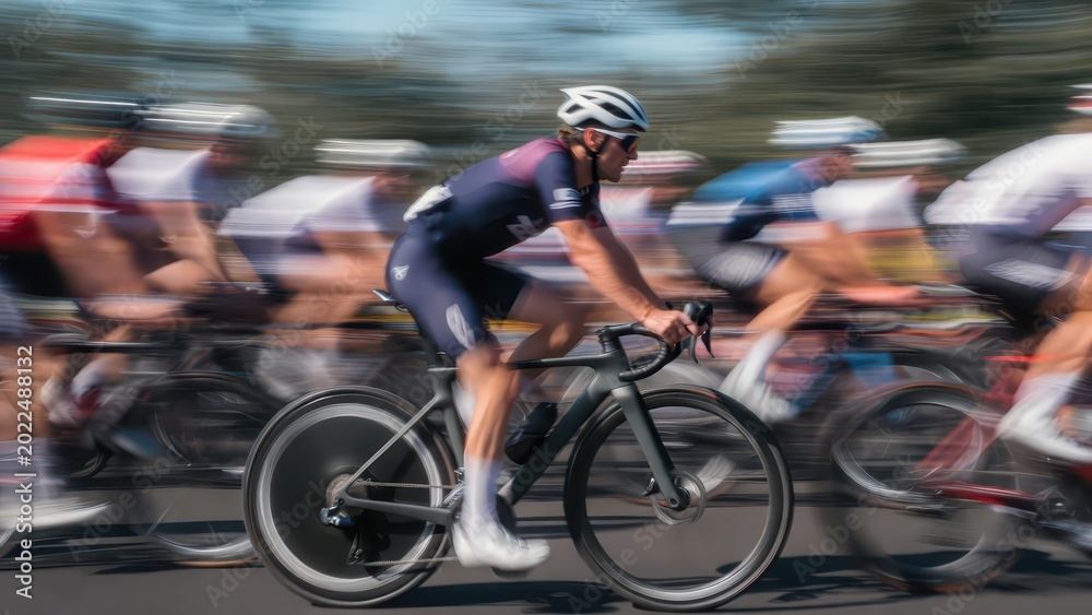 Fototapeta premium Cyclists in motion blur race, capturing speed and intensity on a sunny day.