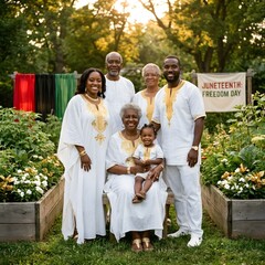 African american family in white juneteenth celebration garden portrait