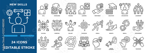 New skills icon collection set. Containing designskill, exploration, training, learning, improvement, and expertise icon. simple line vector editable	