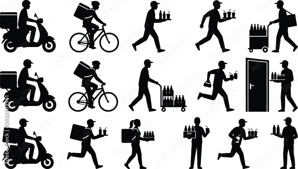 Fototapeta premium Delivery workers transporting goods in various ways isolated on white background, Vector