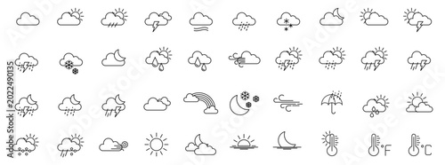 Photos Weather icons set with clouds sun moon rain snow wind lightning and temperature