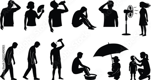 People cooling down in hot weather vector icons isolated on white background, Vector