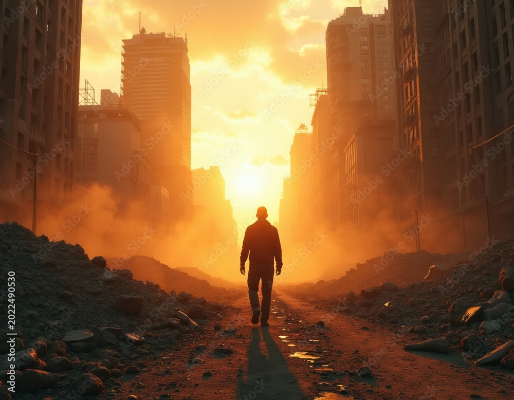 Fototapeta premium Man walks down dusty rubble path in destroyed city at sunset. Tall ruined buildings line street. Sky glows orange with hazy clouds, bright sun. Lone figure moves forward through desolate urban