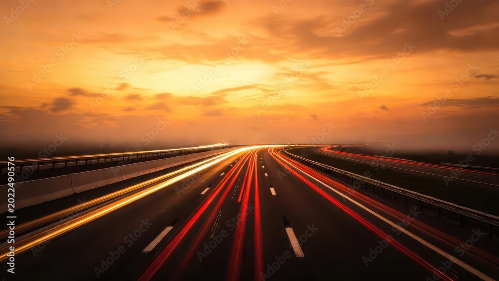 Obraz premium Long exposure highway at sunset with light trails and orange sky