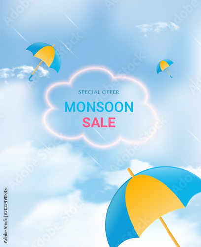 Poster template for Great Monsoon Sale design with colorful umbrellas and clouds. Vertical position. Vector illustration