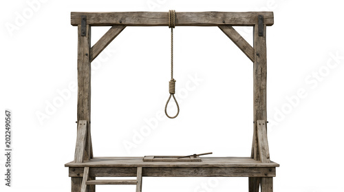 Wooden gallows for historical law execution and crime mystery branding themes frontal isolated png on a transparent background perfectly cutout high resolution