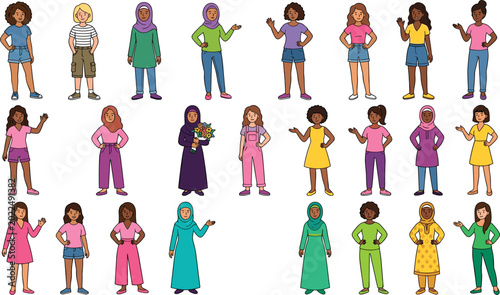 Fotografía Diverse Women Character Vector Set Featuring Various Ethnicities, Outfits, and M