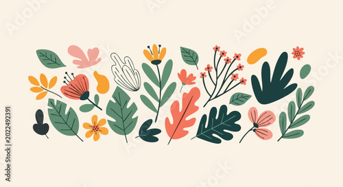 Hand drawn botanical floral and leaf elements set.