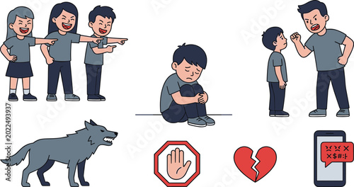 Tableau sur toile Childhood Bullying and Cyberbullying Vector Set with Sad Boy, Aggressive Peers,