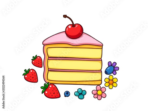 Delightful cartoon cake topped with a cherry and surrounded by fruit and flowers