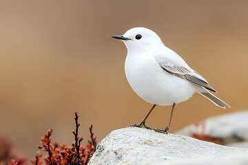 Small white bird perched on rock with autumn foliage in soft natural lighting for wildlife photography and nature content.