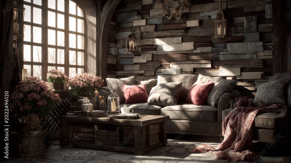 Naklejka premium Cozy living room interior features rustic wood paneled walls and natural light streaming through a large window