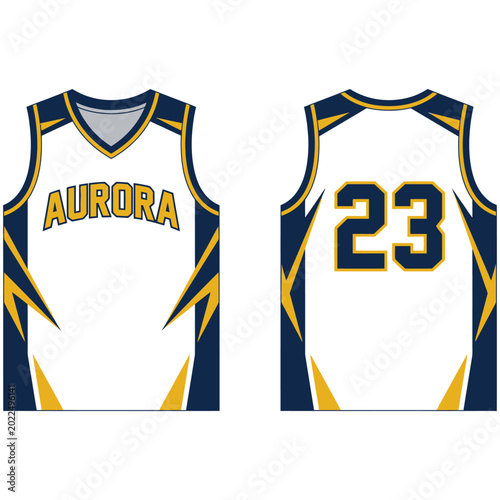White navy blue gold basketball v neck jersey with aurora team name and number