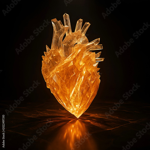 Luminous Amber Crystal Human Heart Sculpture with Internal Glow
