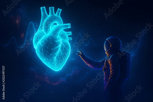 Astronaut Reaching Towards a Glowing Holographic Human Heart in Space