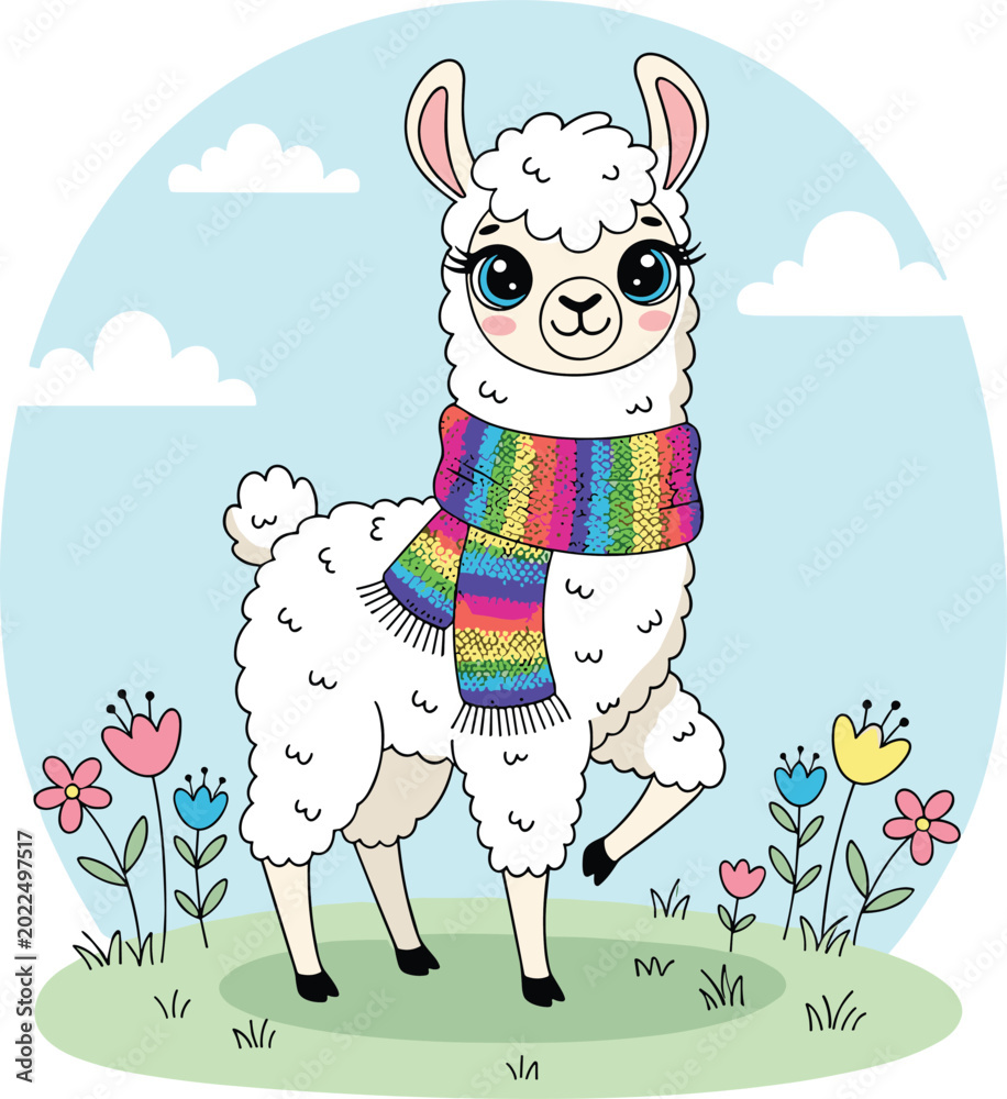 Naklejka premium Cute White Llama Vector Character Wearing Colorful Rainbow Scarf in Flower Field for Kids Nursery and Greeting Card Designs