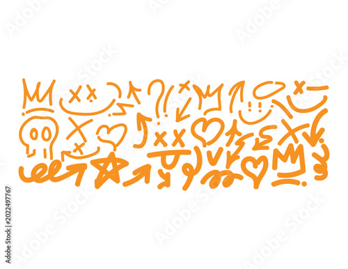 Graffiti icons, orange doodles, symbols, and signs, vector graphics set