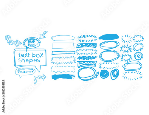 Blue doodle shapes, text box icons, speech bubbles, and scribbles. Vector illustration set of 25 graphic elements.