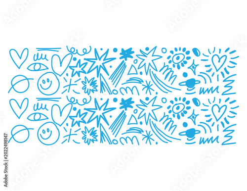 Blue doodle icons, hand drawn symbols, cute illustrations, fun decorative elements