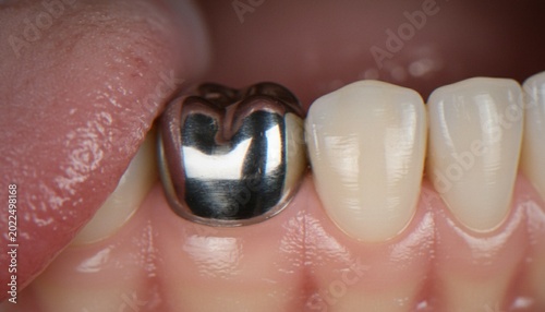 Photos A close-up view of a metal dental crown on a human molar tooth, next to natural teeth, demonstrating modern restorative dentistry procedures