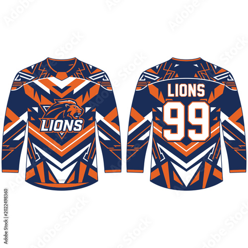 Blue orange white long sleeve athletic jersey with lion logo and number