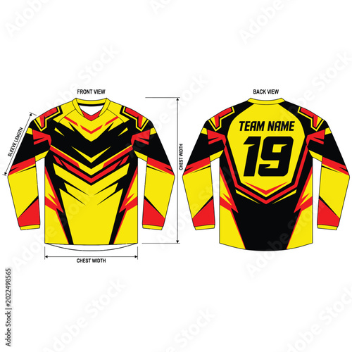 Technical specification diagram for long sleeve geometric sports jersey