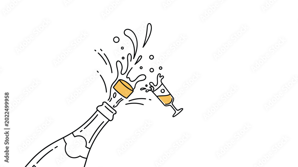 Fototapeta premium Dynamic line art illustration capturing the exciting moment of a champagne bottle popping its cork with celebratory splashes, and a glass clinking, symbolizing joy and toast.