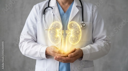 Human kidney health concept with glowing organ hologram, doctor holding digital kidney illustration, nephrology and urology medical care
