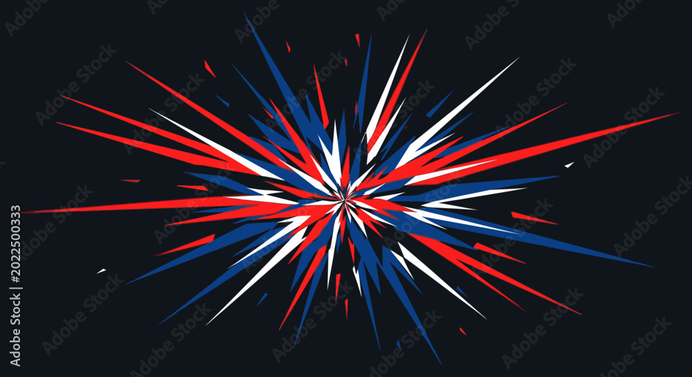 Fototapeta premium Red white and blue starburst explosion on black background