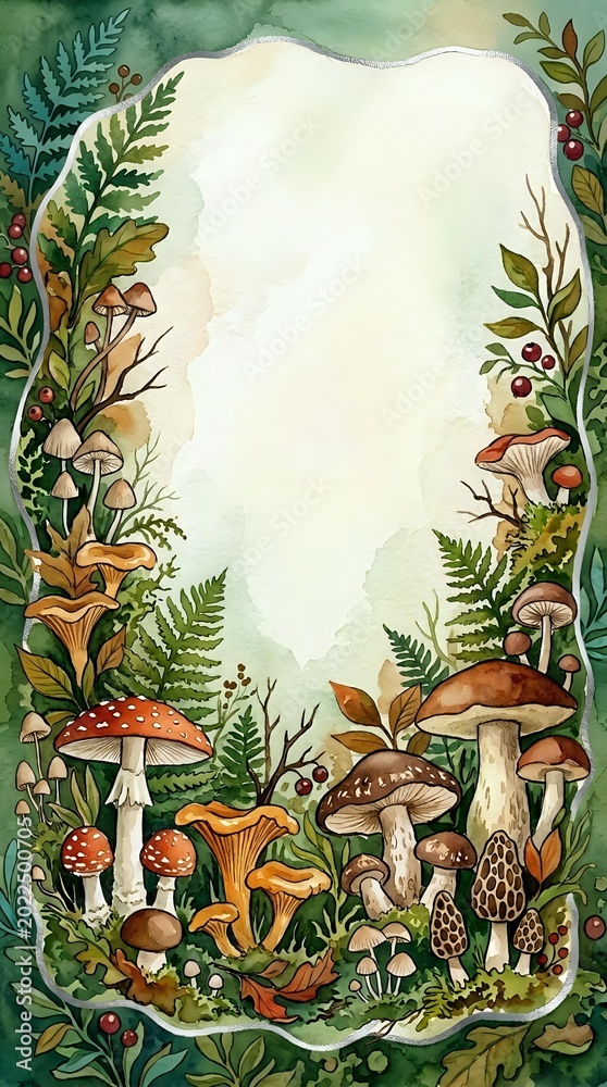 Fototapeta premium Watercolor forest frame with mushrooms, ferns, and berries surrounding a blank center space for text or design use.