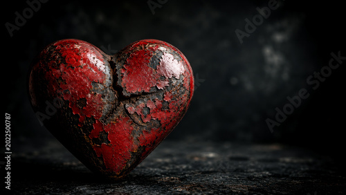 Heart shaped rusty thick steel with pealed red paint and rust isolated on an abstract black blurred background with copy space for text