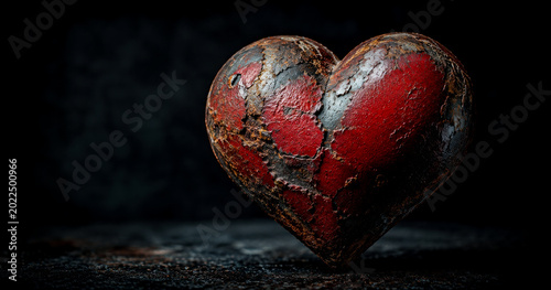 Heart shaped rusty thick steel with pealed red paint and rust isolated on an abstract black blurred background with copy space for text