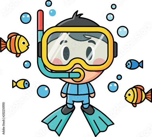Cartoon kid snorkeling with fish