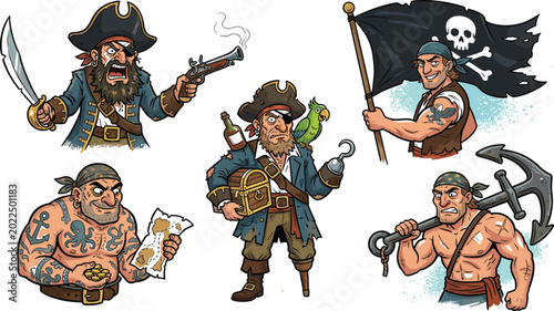 Quadro su tela Pirate Captain and Crew Character Vector Set Featuring Bearded Sailors with Trea
