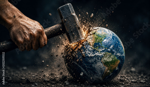 Close-up of male hand forcefully striking the earth globe with a heavy steel hammer, Human impact in environmental destruction, Climate crisis