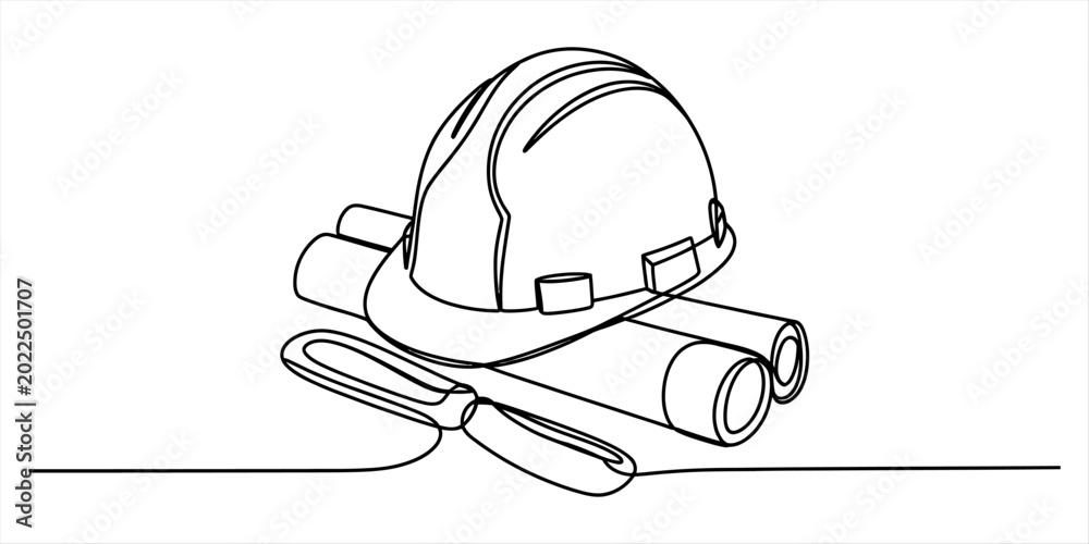 Fototapeta premium Continuous single line drawing of a construction safety hard hat helmet with engineering blueprints and a pencil for building and architecture design Vector, illustration