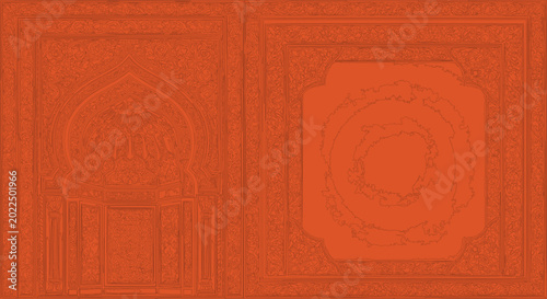 Orange background displays a dual panel design containing architectural archway silhouettes and circular mandala patterns.
