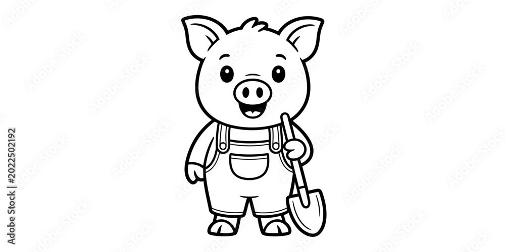 Fototapeta premium Cute cartoon pig farmer wearing overalls and holding a gardening shovel for a fun coloring page illustration Vector, illustration