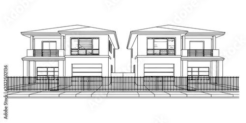 Foto Black and white line drawing of two modern suburban houses with garages and fenc