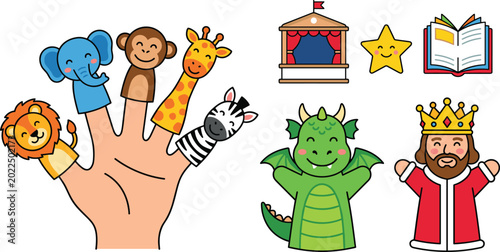 Canvas Print Cute Finger Puppets and Hand Puppet Theater Vector Set with Zoo Animals, Dragon,